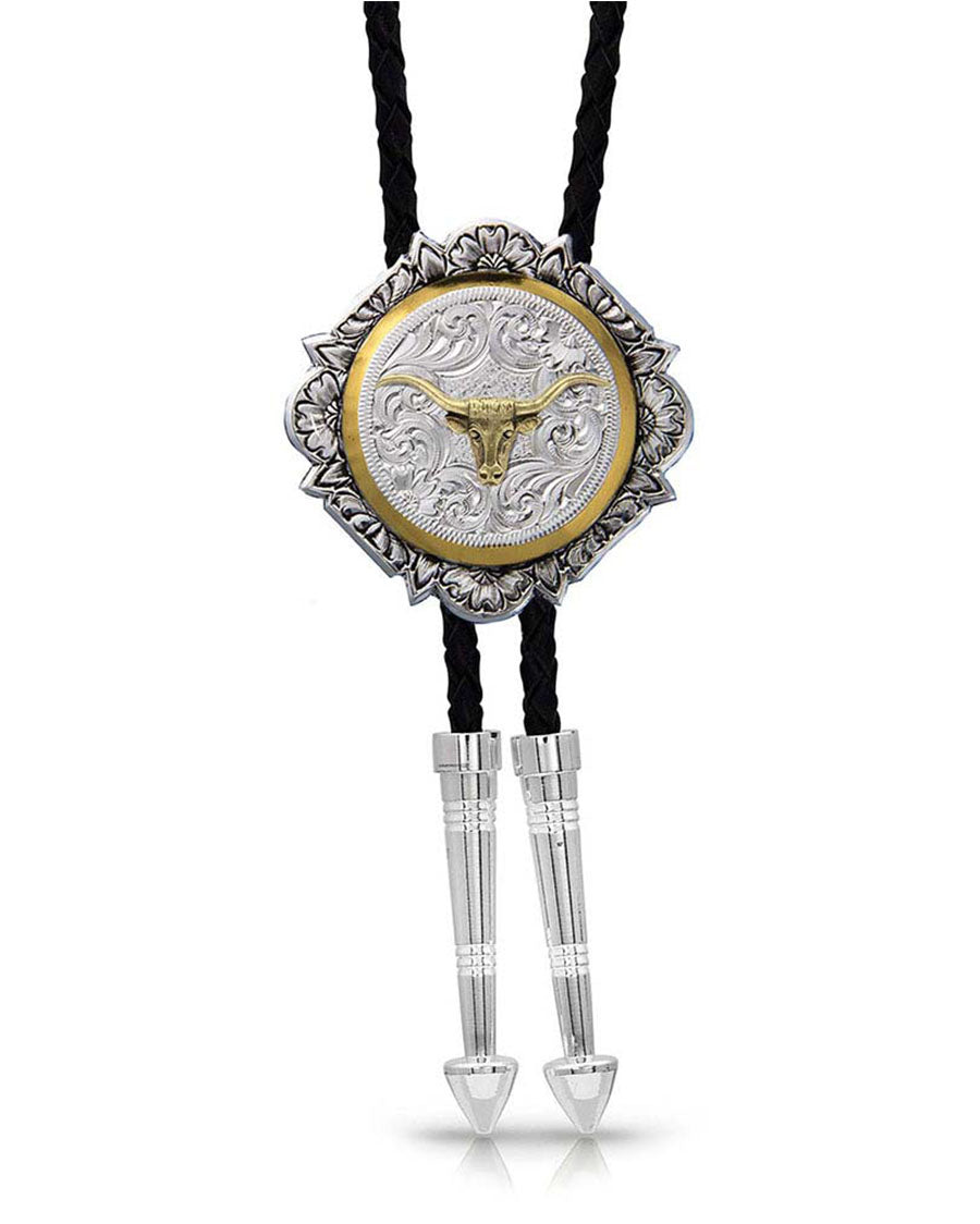 Two Tone Fancy Longhorn Bolo Tie by Montana Silversmiths from Skip’s Western Outfitters | MON-BT366-384S-O/S-Silver