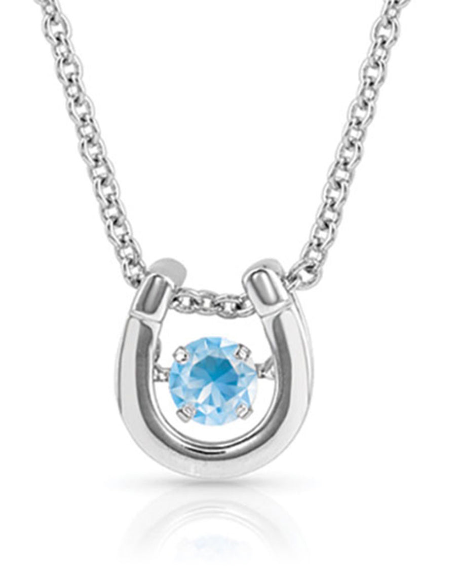 Women's March Dancing Birthstone Horseshoe Necklace by Montana Silversmiths from Skip’s Western Outfitters | MON-NC4742-MAR-O/S-March
