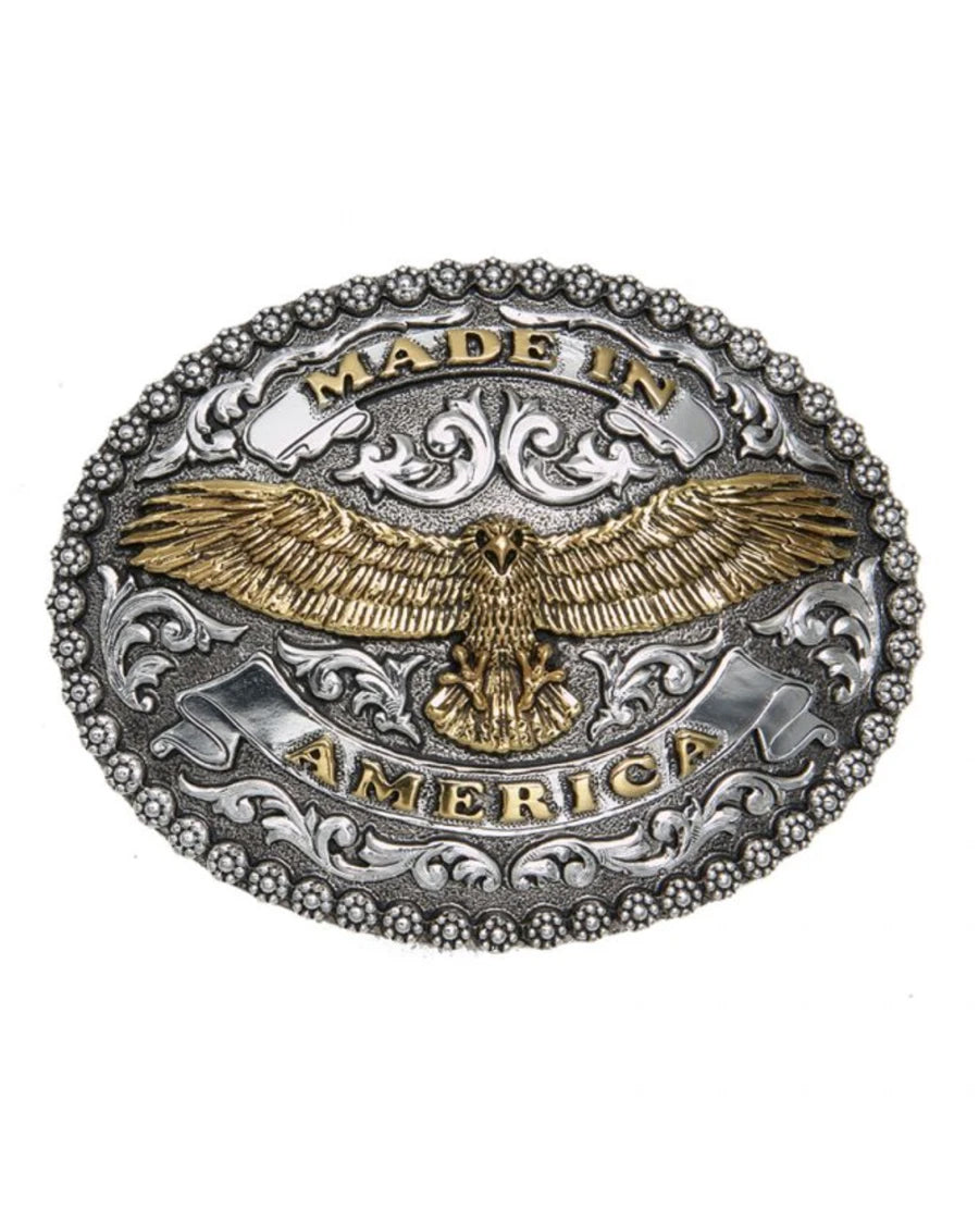 Made in America Belt Buckle by AndWest from Skip’s Western Outfitters | AWE-723-One-Size-Gold-/-Silver