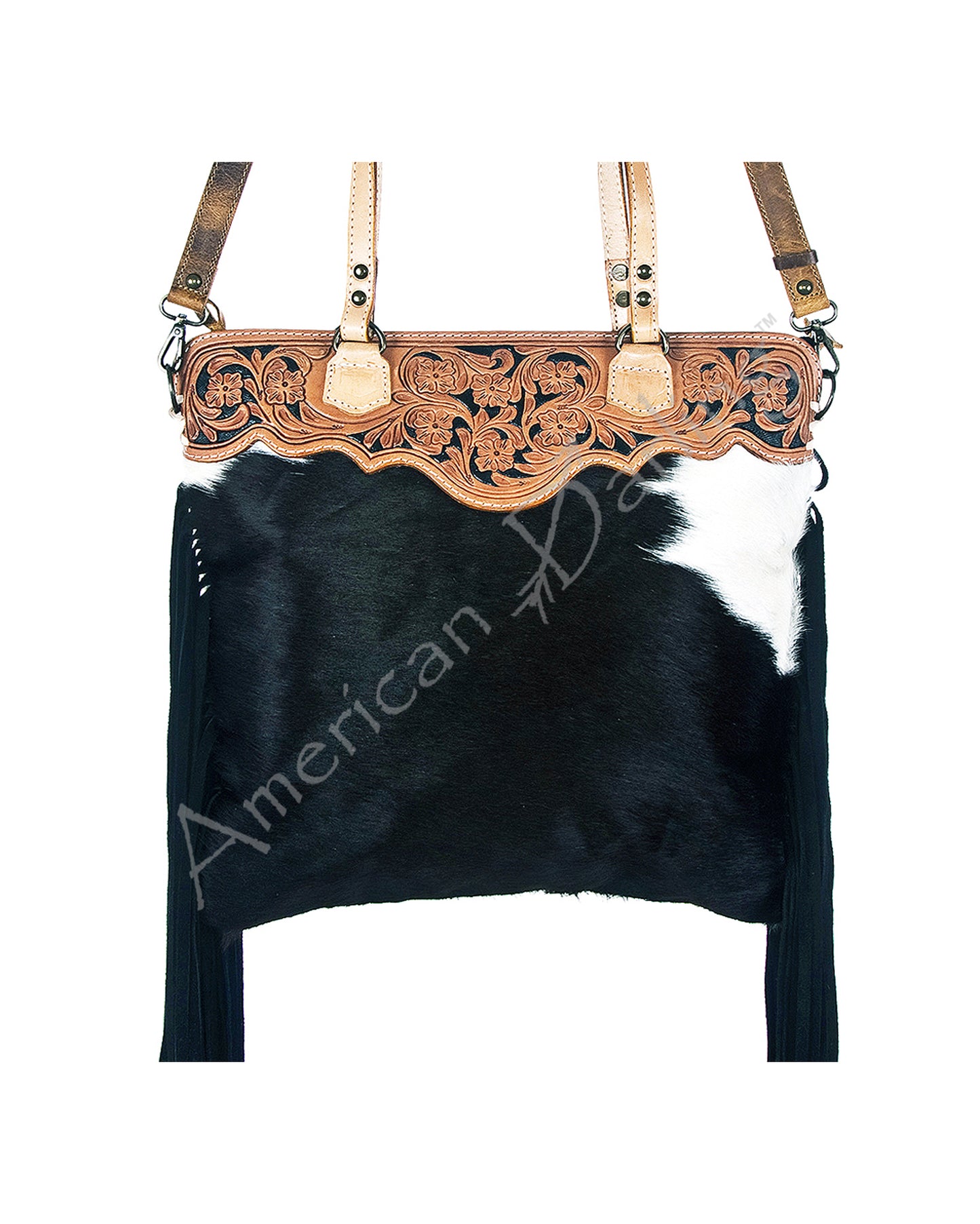Women's Cow Hide Fringe Tote by American Darling from Skip’s Western Outfitters | AMD-ADBGS143BKW-One-Size-Black-/-Brown