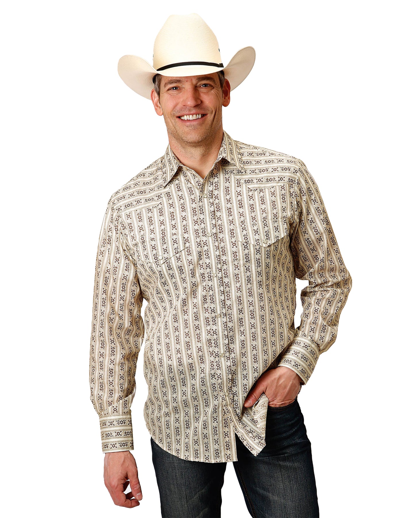 Men's Striped Long Sleeve Western Shirt by Roper from Skip’s Western Outfitters | KAR-01-001-0019-3062-BR-S-BROWN