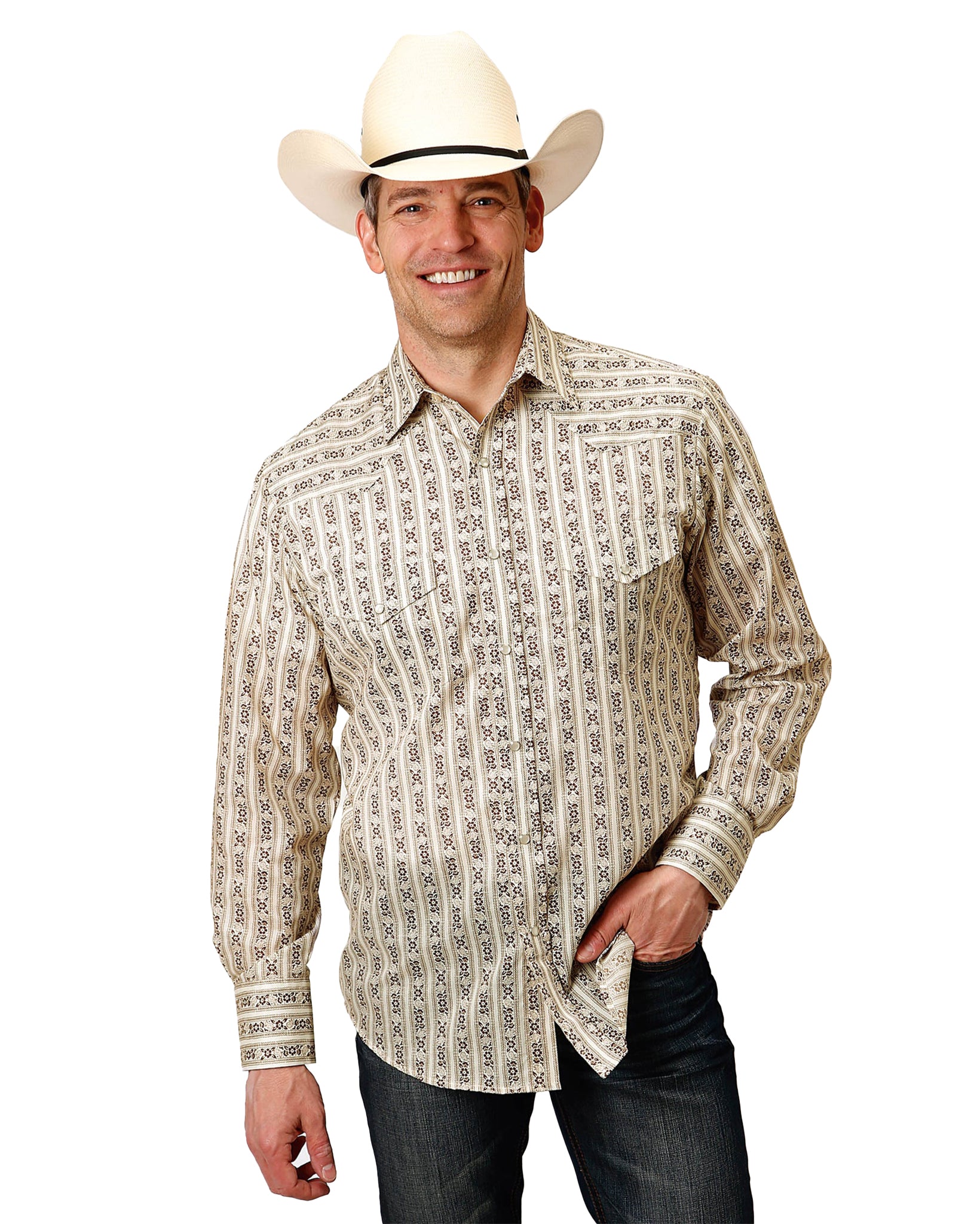Men's Striped Long Sleeve Western Shirt by Roper from Skip’s Western Outfitters | KAR-01-001-0019-3062-BR-S-BROWN