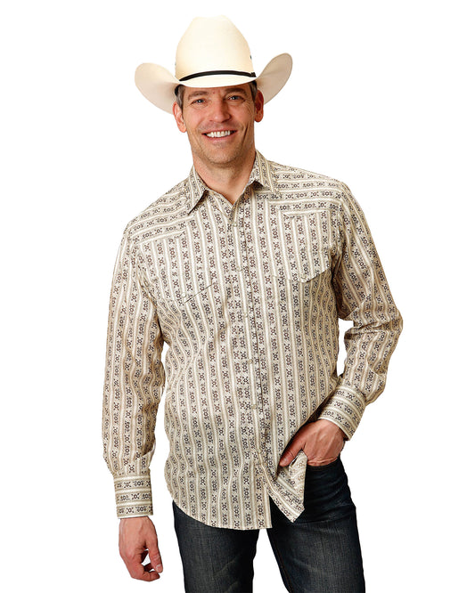Men's Striped Long Sleeve Western Shirt by Roper from Skip’s Western Outfitters | KAR-01-001-0019-3062-BR-S-BROWN