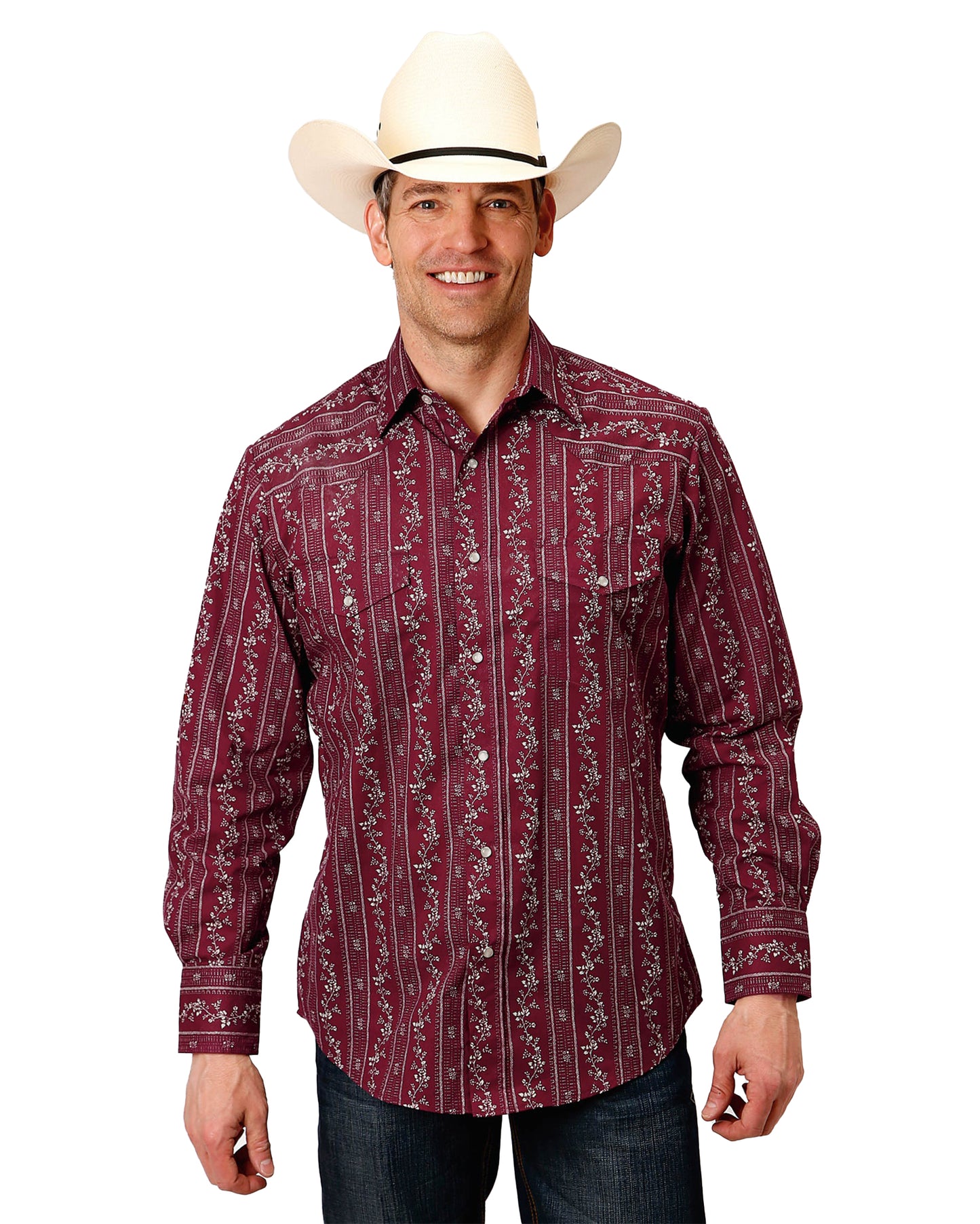 Men's Long Sleeve Floral Striped Western Shirt by Roper from Skip’s Western Outfitters | KAR-01-001-0019-3063-RE-S-RED