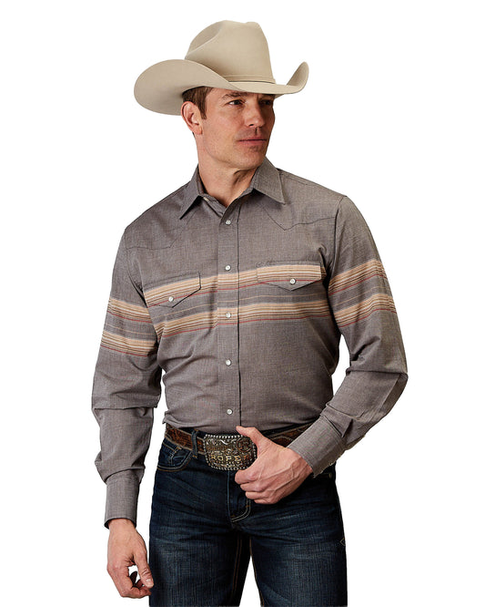 Mens Long Sleeve Snap Border Stripe Western Shirt - 01-001-0043-0367 Gy