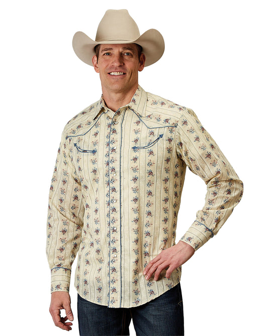 Mens Long Sleeve Snap Floral Stripe Western Shirt With Solid Piping On Front - 01-001-0086-0351 Ye