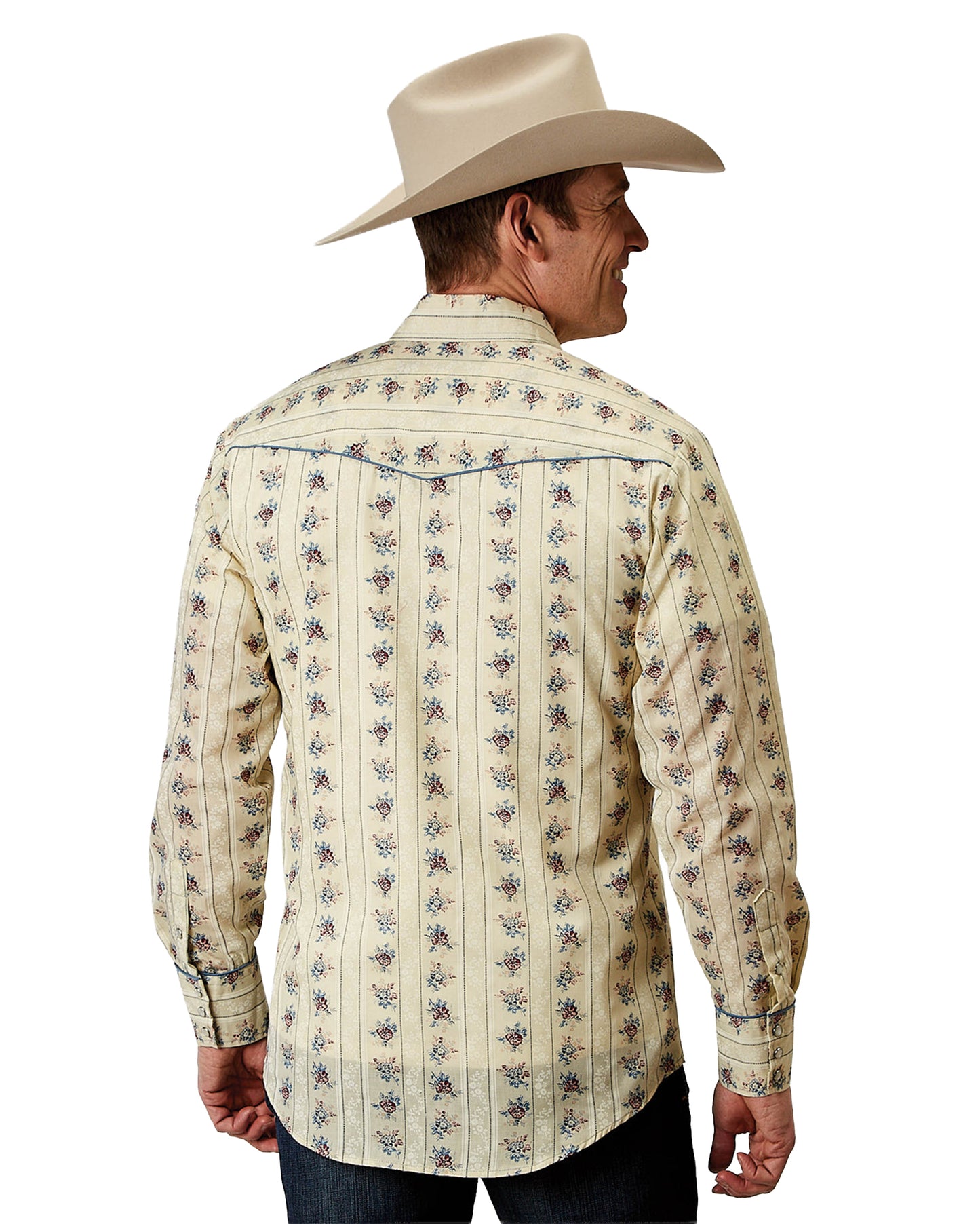 Mens Long Sleeve Snap Floral Stripe Western Shirt With Solid Piping On Front - 01-001-0086-0351 Ye