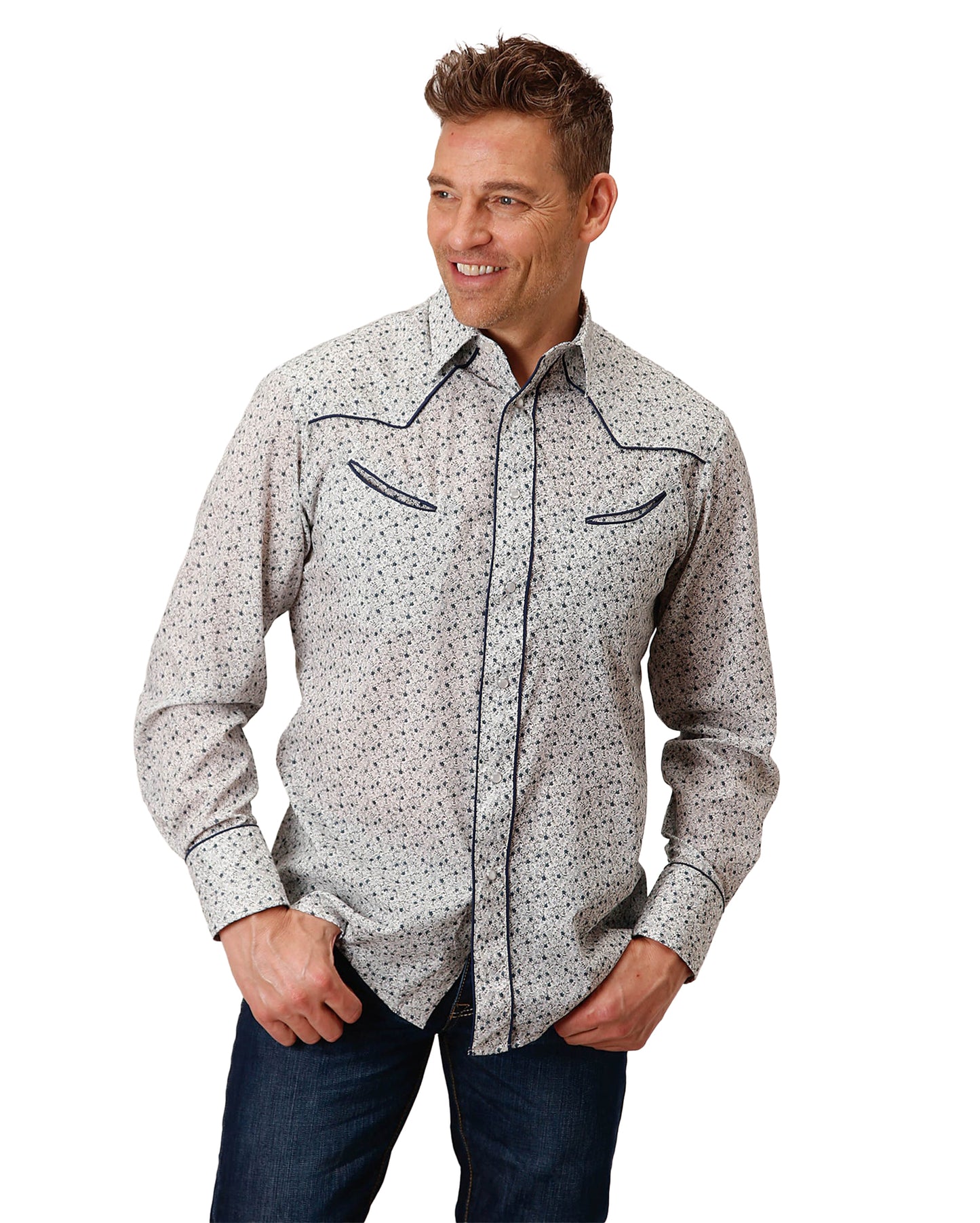Men's Mini Floral Print Long Sleeve Western Shirt by Roper from Skip’s Western Outfitters | KAR-01-001-0086-0565-BU-S-BLUE