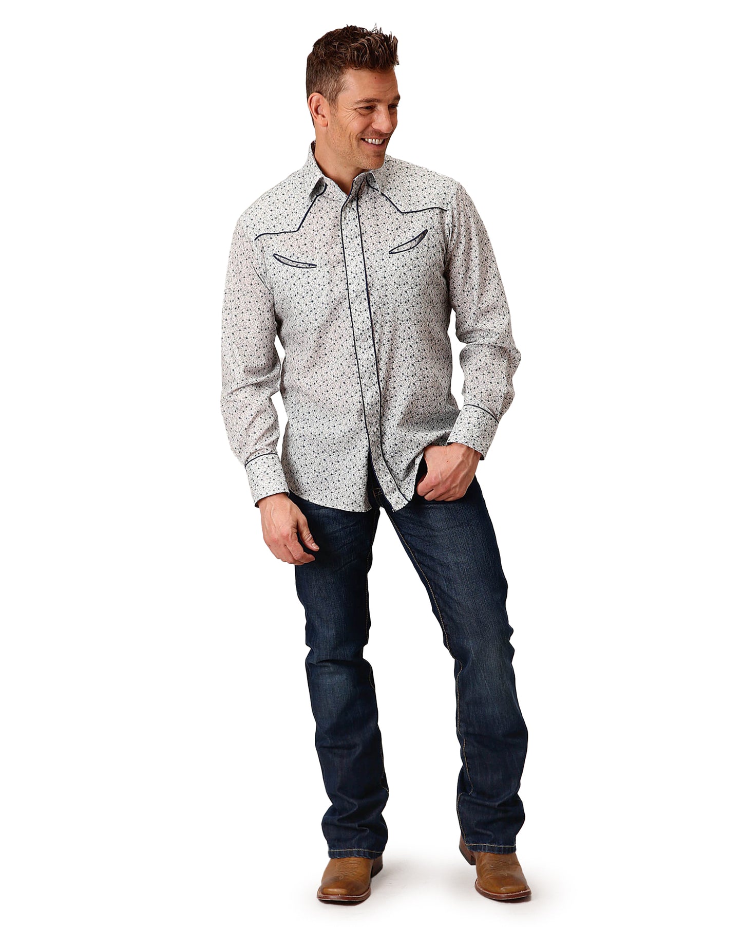 Men's Mini Floral Print Long Sleeve Western Shirt