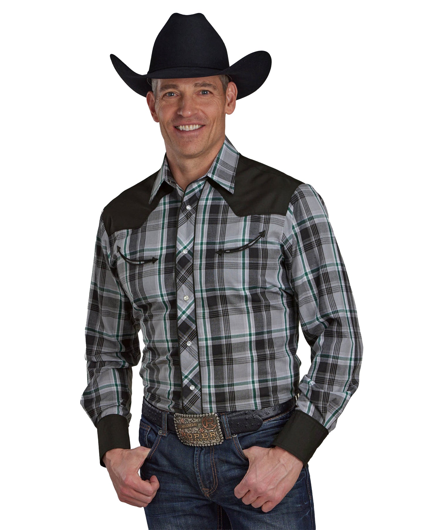 Mens Gray Black And White Plaid Long Sleeve Snap Western Shirt - 01-001-0087-6085 Gy by Roper from Skip’s Western Outfitters | KAR-01-001-0087-6085-GY-S-GRAY