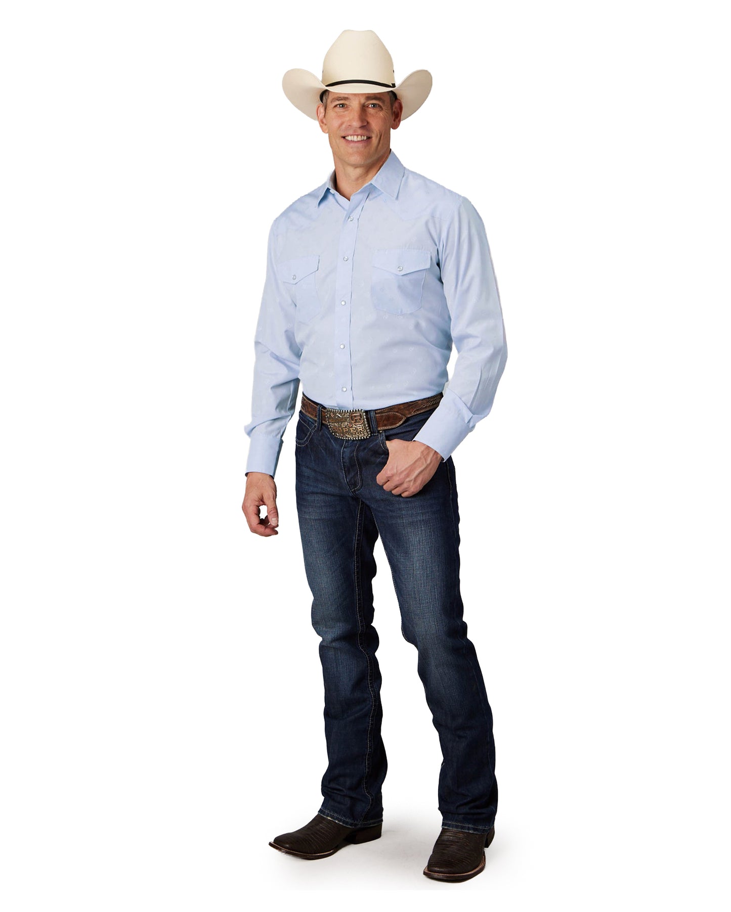 Mens Light Blue Tone On Tone Horseshoes Long Sleeve Snap Western Shirt - 01-001-0145-0414 Bu