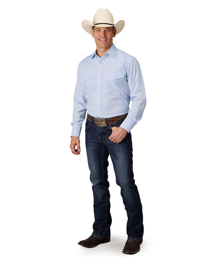Mens Light Blue Tone On Tone Horseshoes Long Sleeve Snap Western Shirt - 01-001-0145-0414 Bu