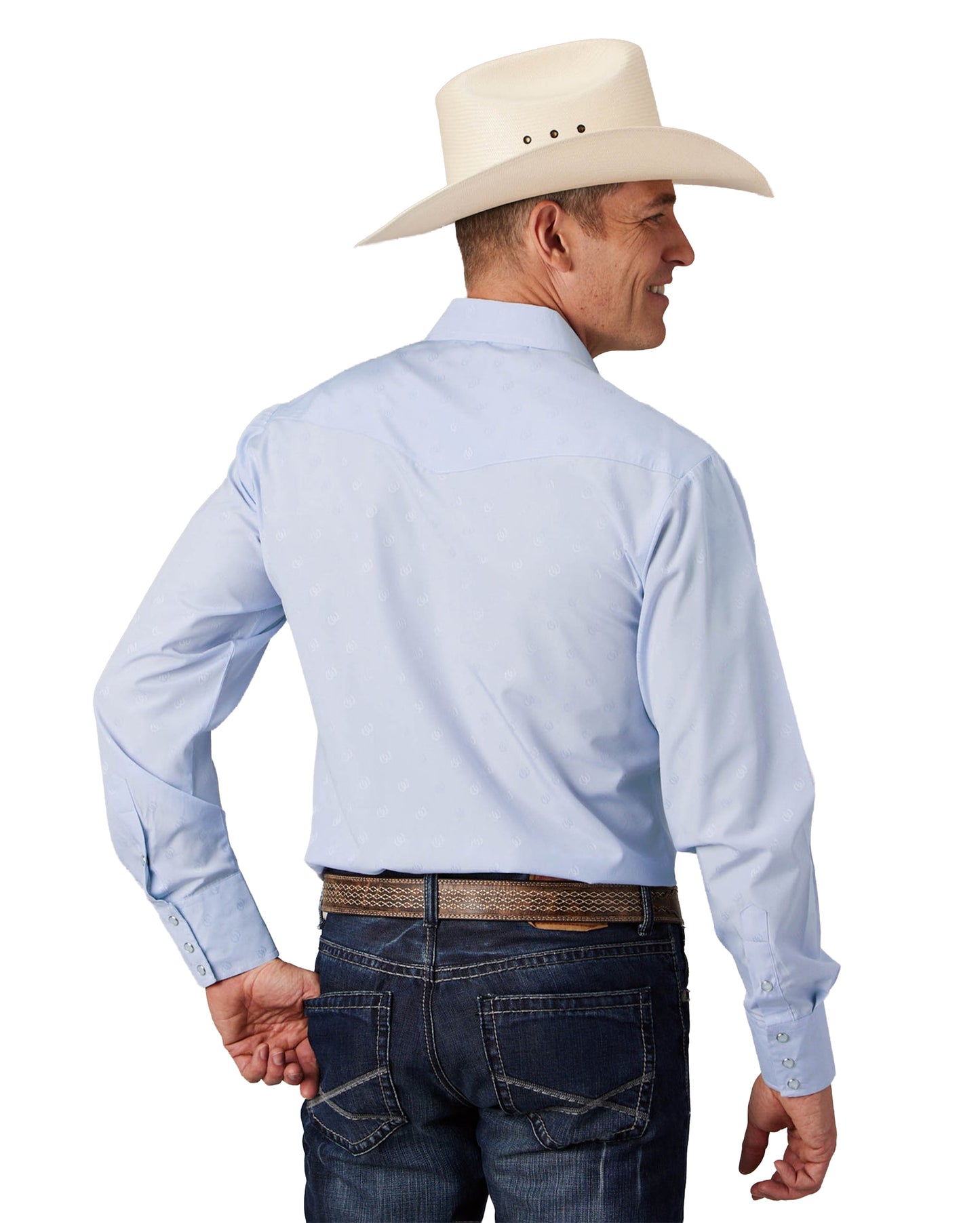 Mens Light Blue Tone On Tone Horseshoes Long Sleeve Snap Western Shirt - 01-001-0145-0414 Bu