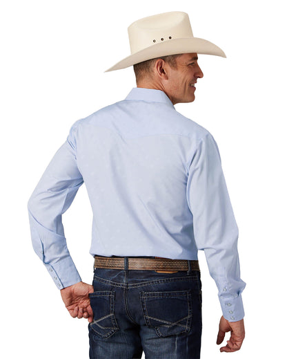 Mens Light Blue Tone On Tone Horseshoes Long Sleeve Snap Western Shirt - 01-001-0145-0414 Bu