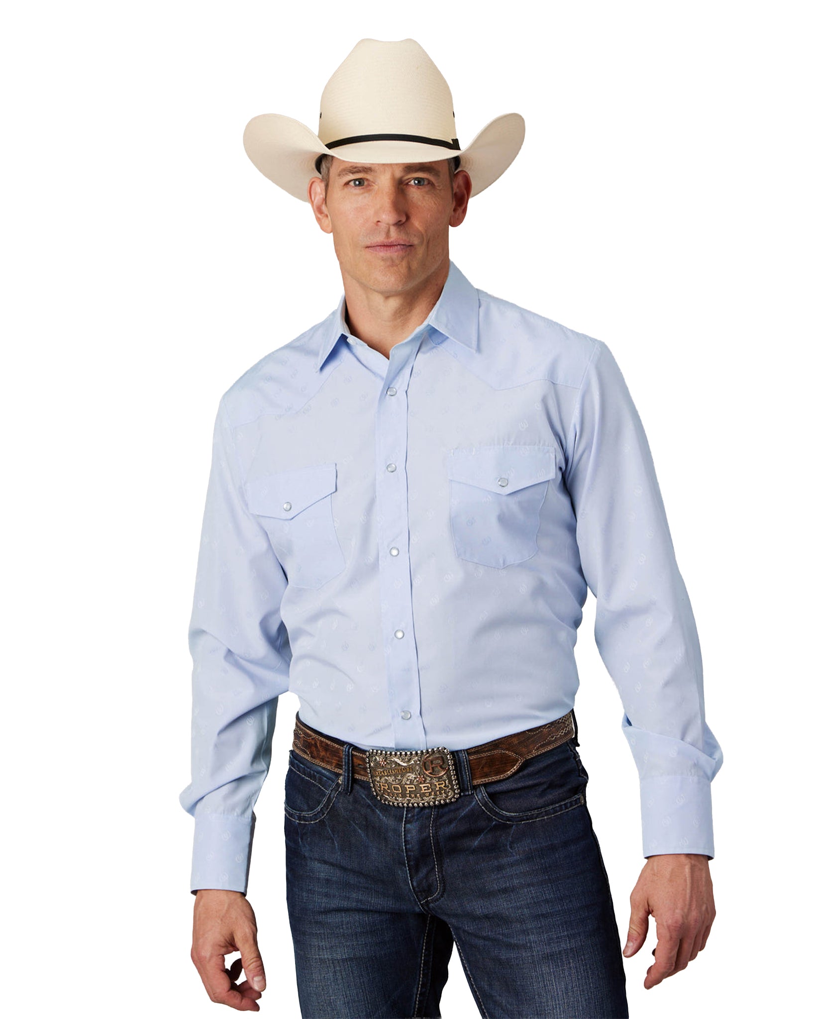 Mens Light Blue Tone On Tone Horseshoes Long Sleeve Snap Western Shirt - 01-001-0145-0414 Bu by Roper from Skip’s Western Outfitters | KAR-01-001-0145-0414-BU-S-BLUE