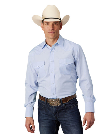Mens Light Blue Tone On Tone Horseshoes Long Sleeve Snap Western Shirt - 01-001-0145-0414 Bu by Roper from Skip’s Western Outfitters | KAR-01-001-0145-0414-BU-S-BLUE