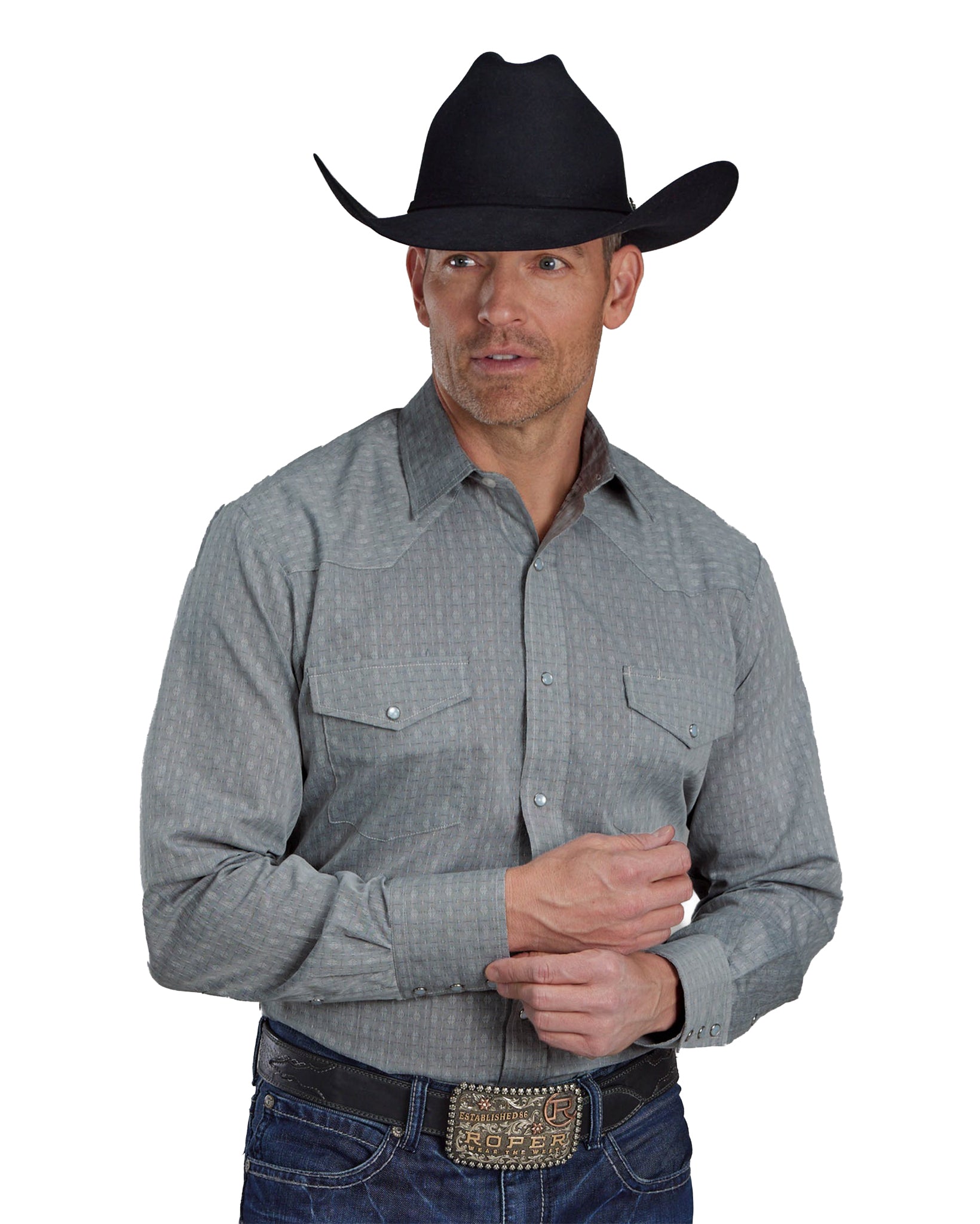 Mens Allover Tone On Tone - Gray Long Sleeve Snap Western Shirt - 01-001-0145-0701 Gy by Roper from Skip’s Western Outfitters | KAR-01-001-0145-0701-GY-S-GREY