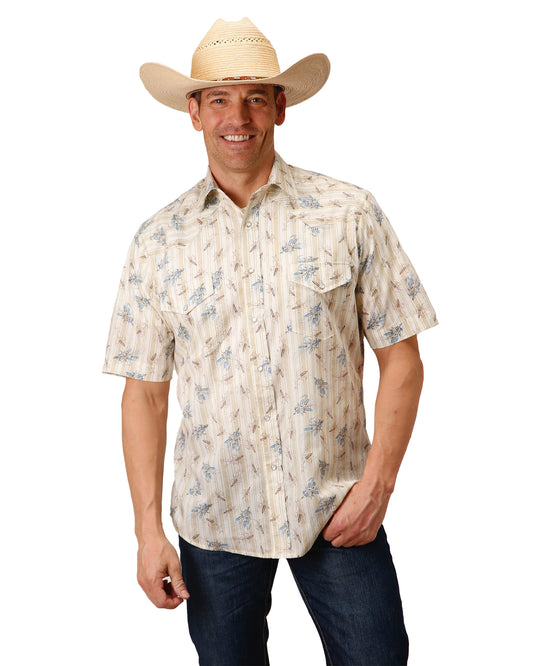Men's Short Sleeve Vintage Wheat Print Western Shirt by Roper from Skip’s Western Outfitters | KAR-01-002-0019-0564-TA-S-TAN