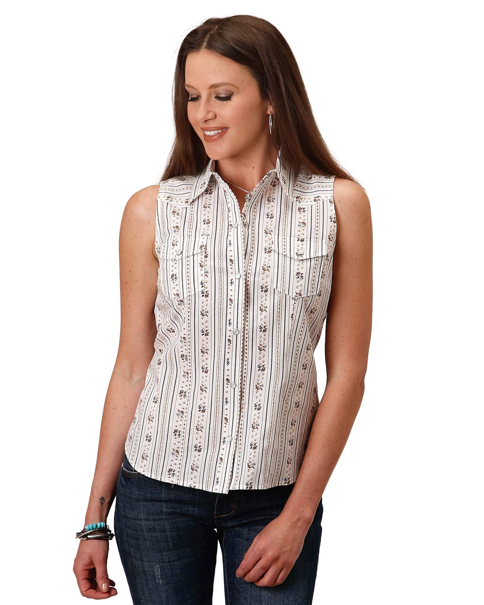 Women's Snap Sleeveless Western Shirt by Roper from Skip’s Western Outfitters | KAR-01-052-0019-3058-WH-S-WHITE