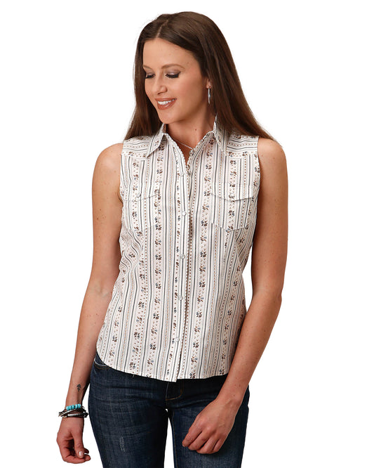 Women's Snap Sleeveless Western Shirt by Roper from Skip’s Western Outfitters | KAR-01-052-0019-3058-WH-S-WHITE