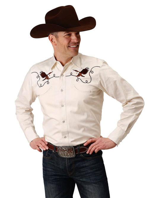 Men's Long Sleeve Snap Retro Western Shirt by Roper from Skip’s Western Outfitters | KAR-03-001-0040-0673-WH-S-WHITE