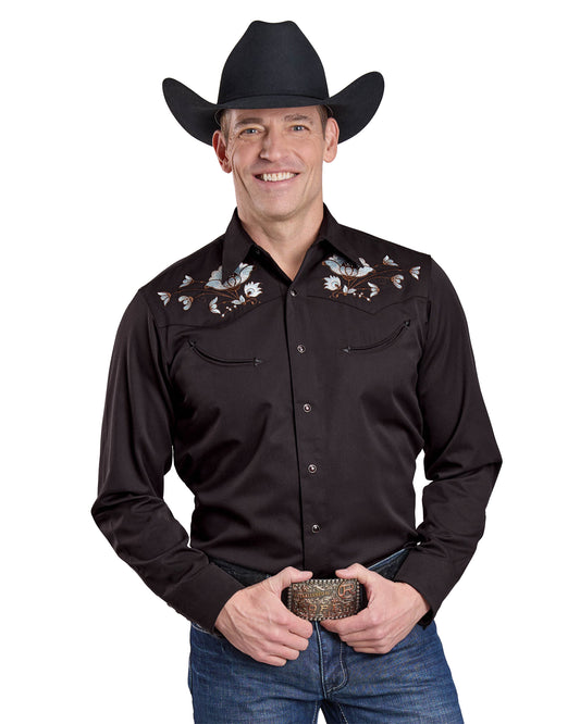 Mens Long Sleeve Snap Jet Black Poly Rayon Western Shirt - 03-001-0040-6001 Bl