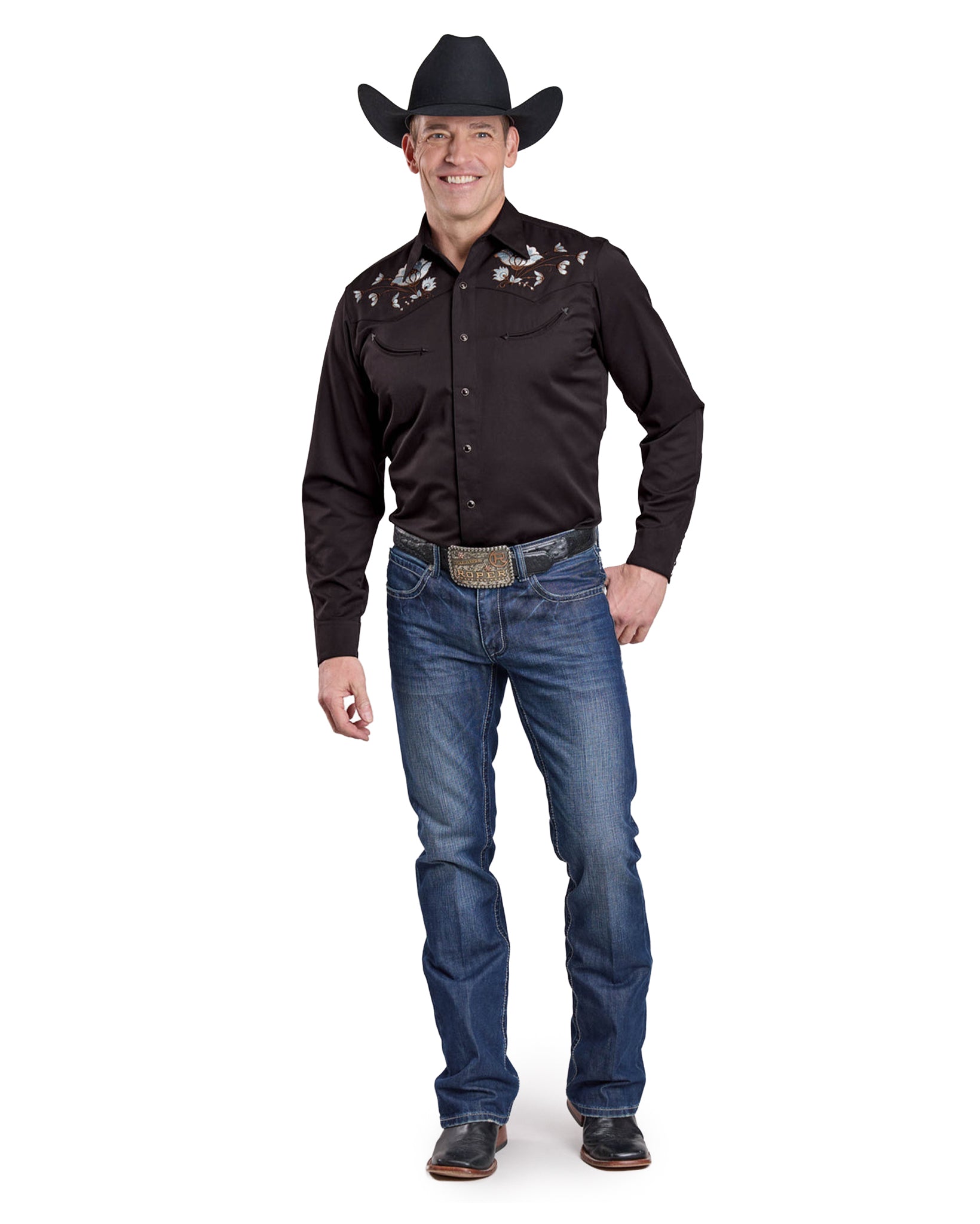 Mens Long Sleeve Snap Jet Black Poly Rayon Western Shirt - 03-001