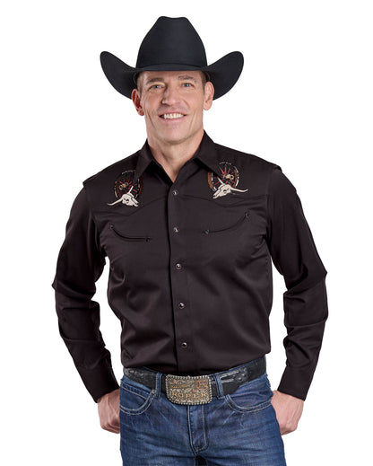 Mens Long Sleeve Snap Jet Black Poly Rayon Western Shirt - 03-001-0040-6002 Bl by Roper from Skip’s Western Outfitters | KAR-03-001-0040-6002-BL-S-BLACK