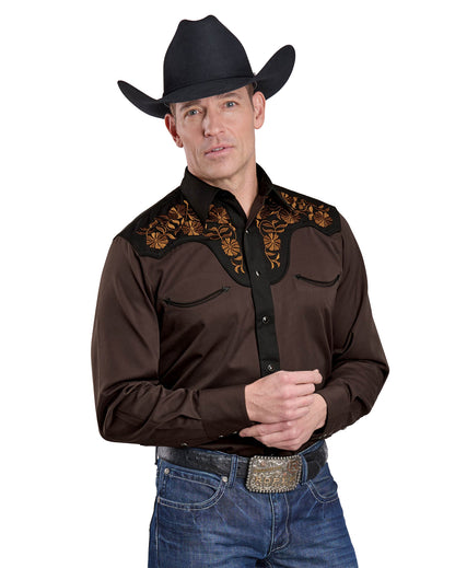 Mens Long Sleeve Snap Chocolate Brown Poly Rayon Western Shirt - 03-001-0040-6003 Br by Roper from Skip’s Western Outfitters | KAR-03-001-0040-6003-BR-S-BROWN