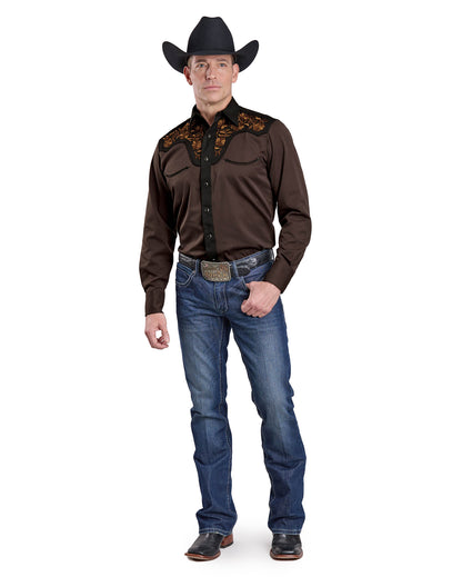 Mens Long Sleeve Snap Chocolate Brown Poly Rayon Western Shirt - 03-001-0040-6003 Br