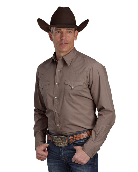 Mens Solid Poplin - Stone Long Sleeve Snap Western Shirt - 03-001-0060-0612 Br