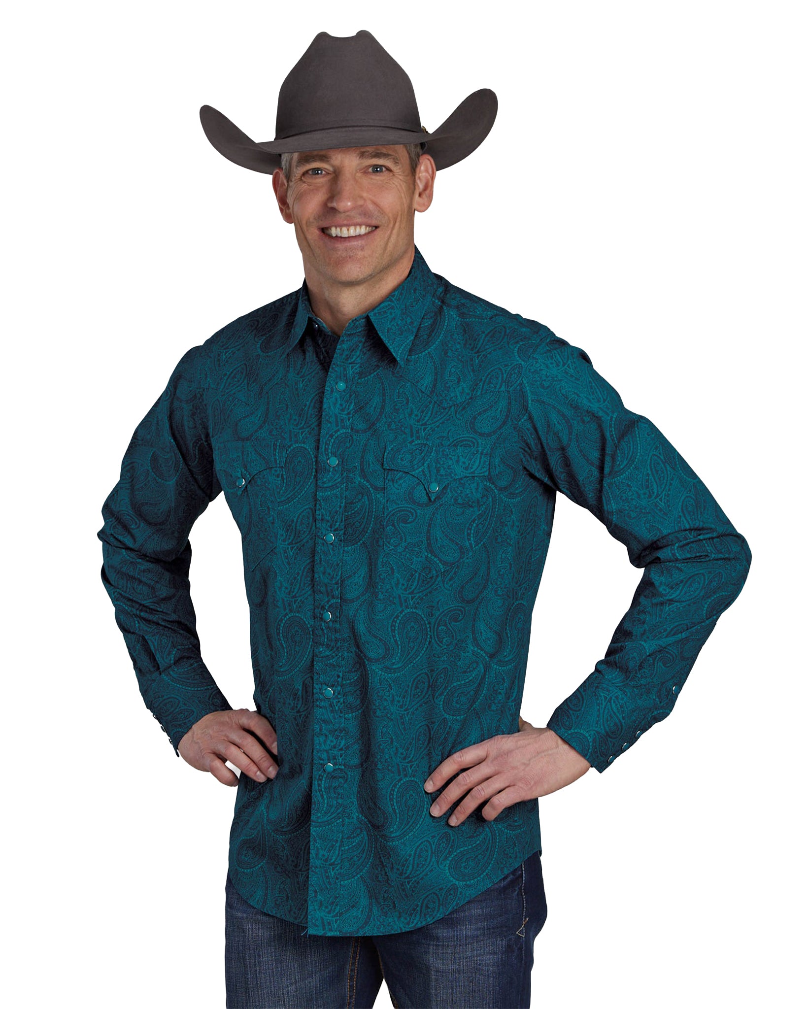 Mens Tonal Paisley Long Sleeve Snap Western Shirt - 03-001-0064-0631 Gr by Roper from Skip’s Western Outfitters | KAR-03-001-0064-0631-GR-S-GREEN