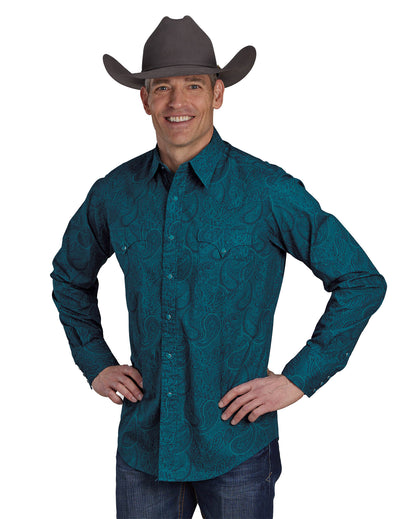 Mens Tonal Paisley Long Sleeve Snap Western Shirt - 03-001-0064-0631 Gr by Roper from Skip’s Western Outfitters | KAR-03-001-0064-0631-GR-S-GREEN