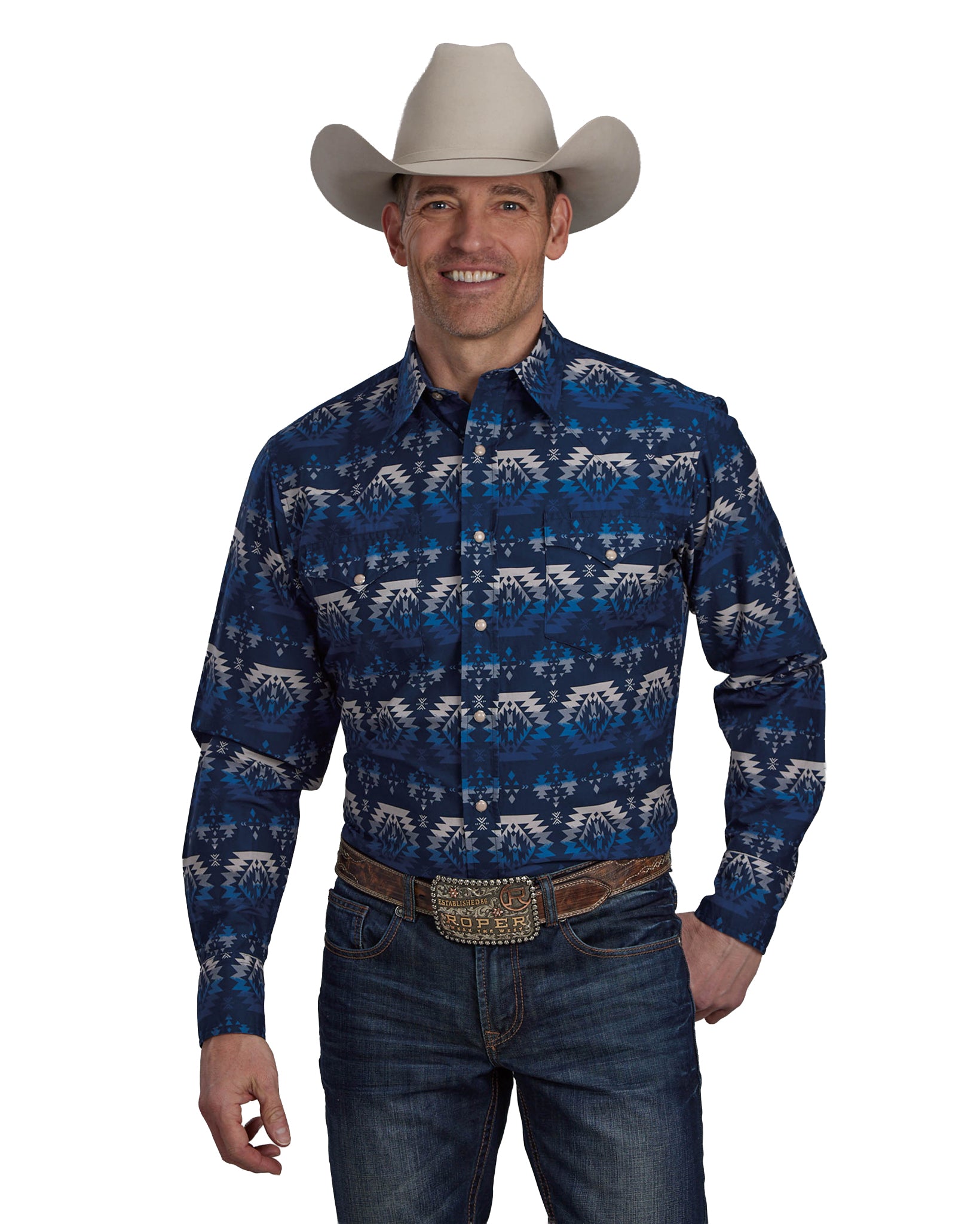 Men's Ombre Aztec Print Long Sleeve Western Shirt by Roper from Skip’s Western Outfitters | KAR-03-001-0067-0635-BU-S-BLUE