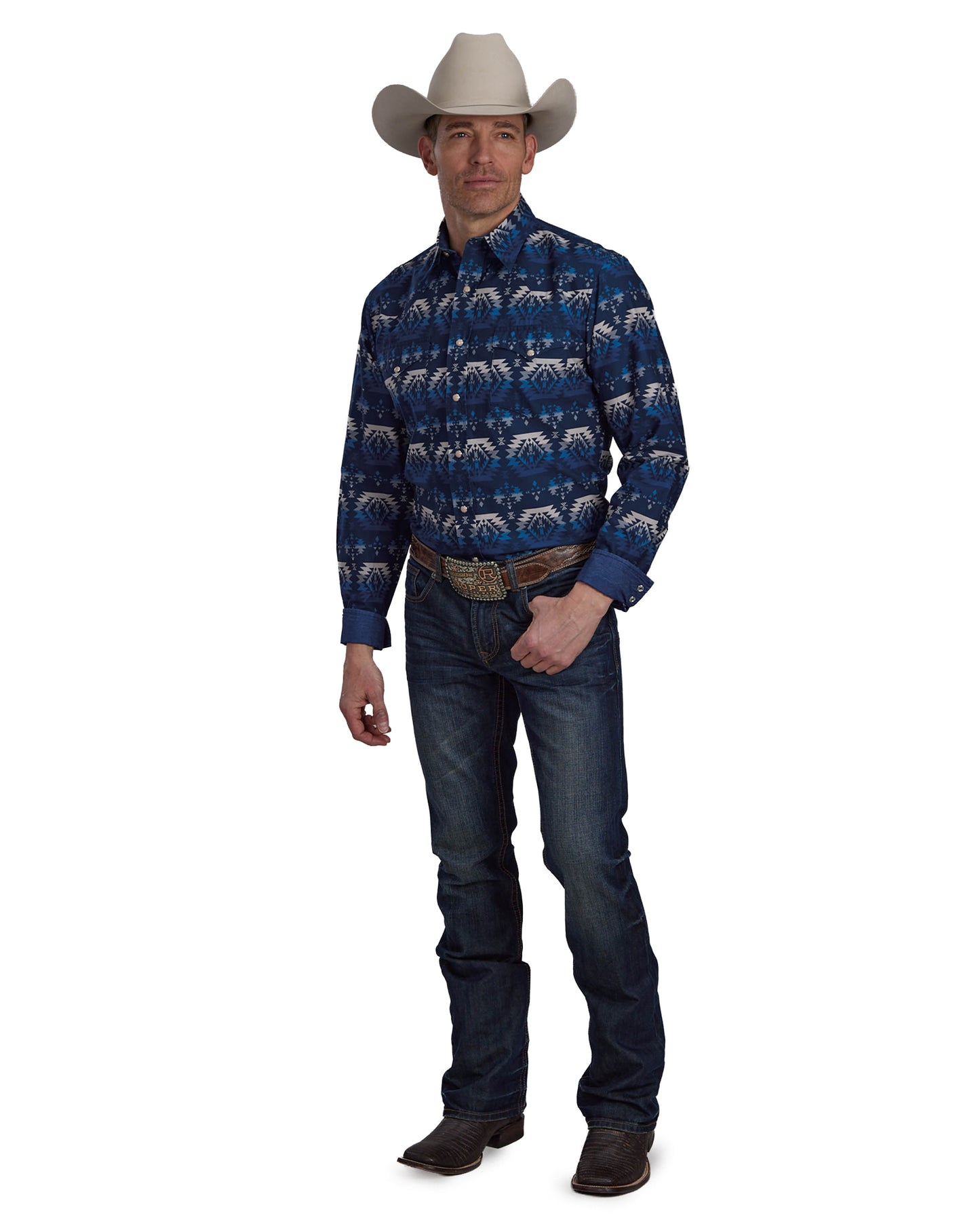 Men's Ombre Aztec Print Long Sleeve Western Shirt