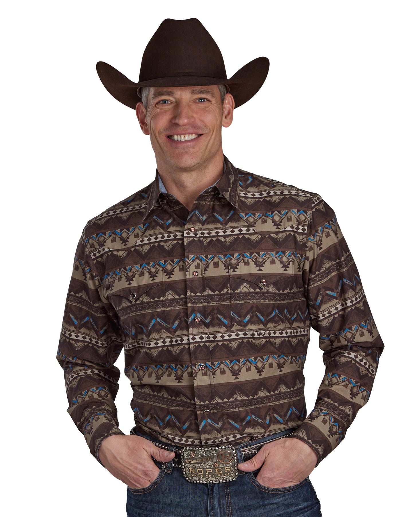 Men's Distressed Aztec Print Long Sleeve Western Shirt by Roper from Skip’s Western Outfitters | KAR-03-001-0067-0637-BR-S-BROWN