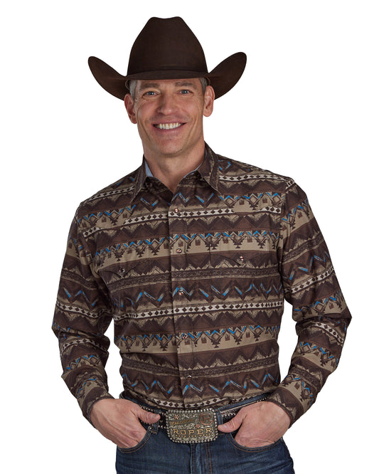 Men's Distressed Aztec Print Long Sleeve Western Shirt by Roper from Skip’s Western Outfitters | KAR-03-001-0067-0637-BR-S-BROWN