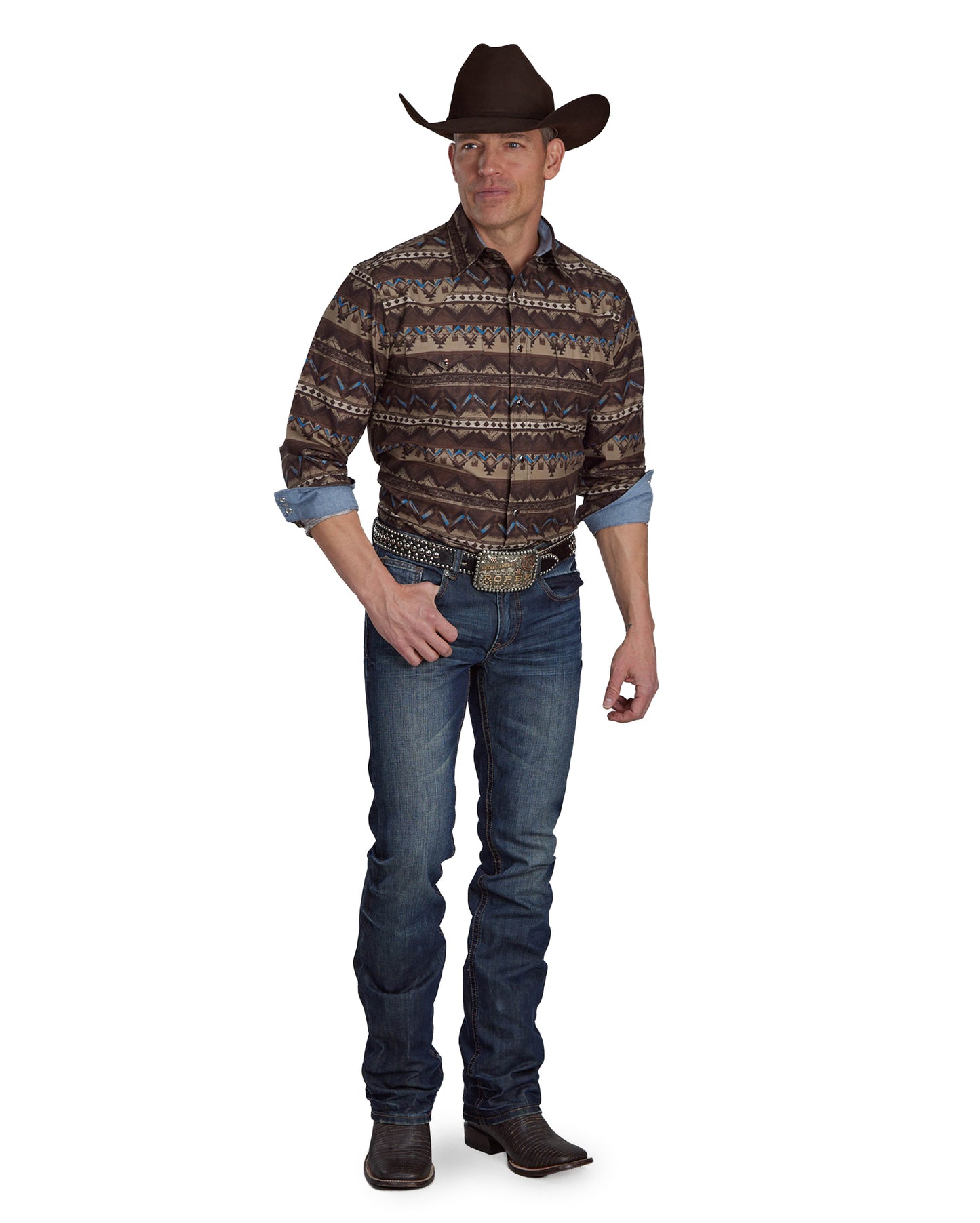 Men's Distressed Aztec Print Long Sleeve Western Shirt