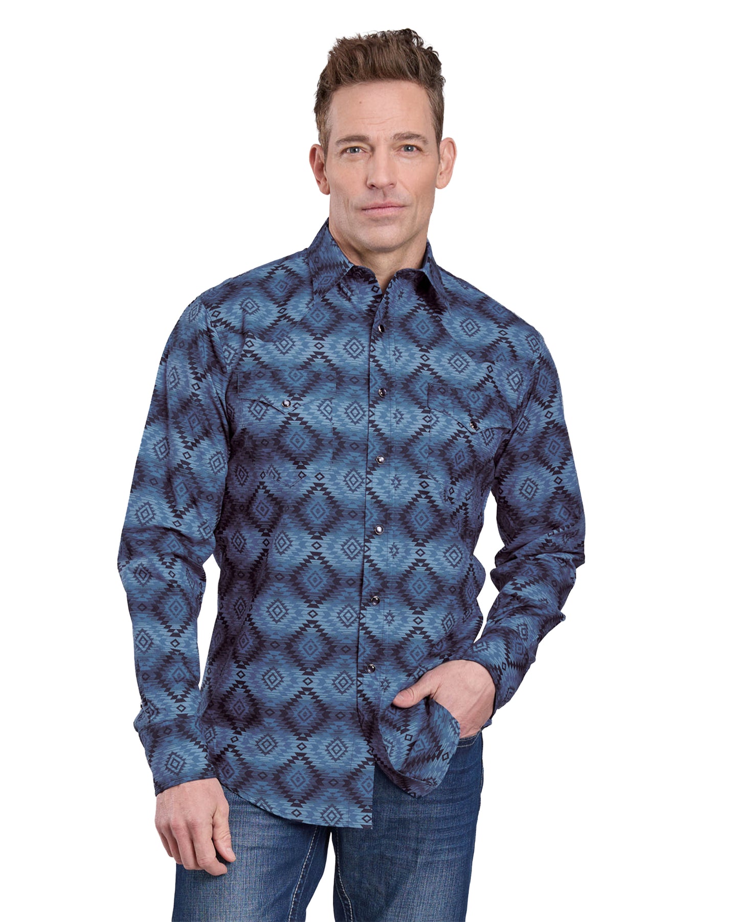 Mens Long Sleeve Snap Aztec Serape Print Western Shirt - 03-001-0067-0740 Bu by Roper from Skip’s Western Outfitters | KAR-03-001-0067-0740-BU-S-BLUE