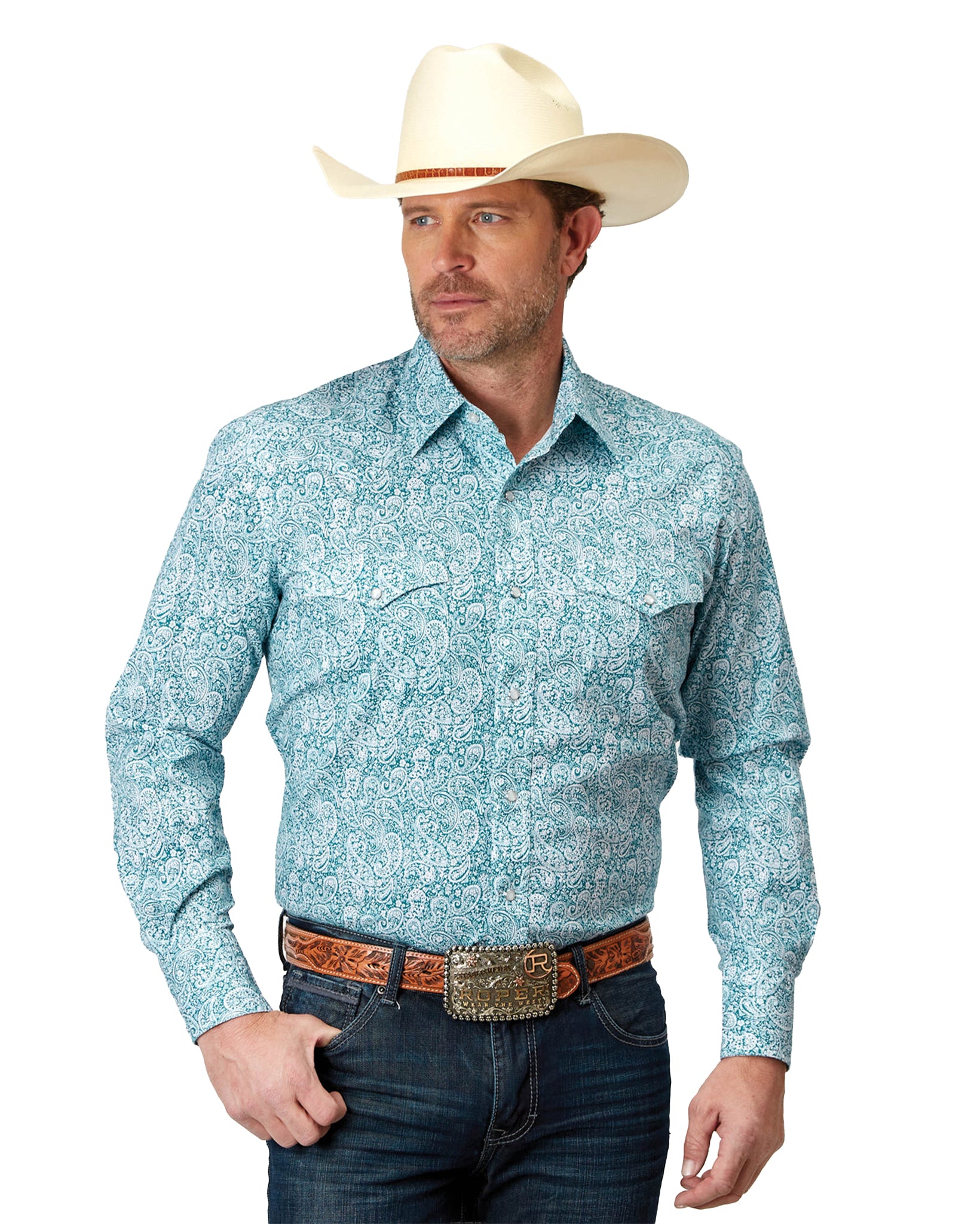 Mens Long Sleeve Snap Stretch Poplin Teal Paisley Western Shirt - 03-001-0225-2108 Gr by Roper from Skip’s Western Outfitters | KAR-03-001-0225-2108-GR-S-GREEN