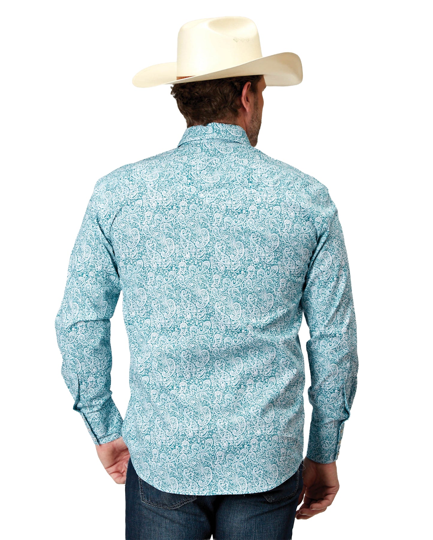 Mens Long Sleeve Snap Stretch Poplin Teal Paisley Western Shirt - 03-001-0225-2108 Gr