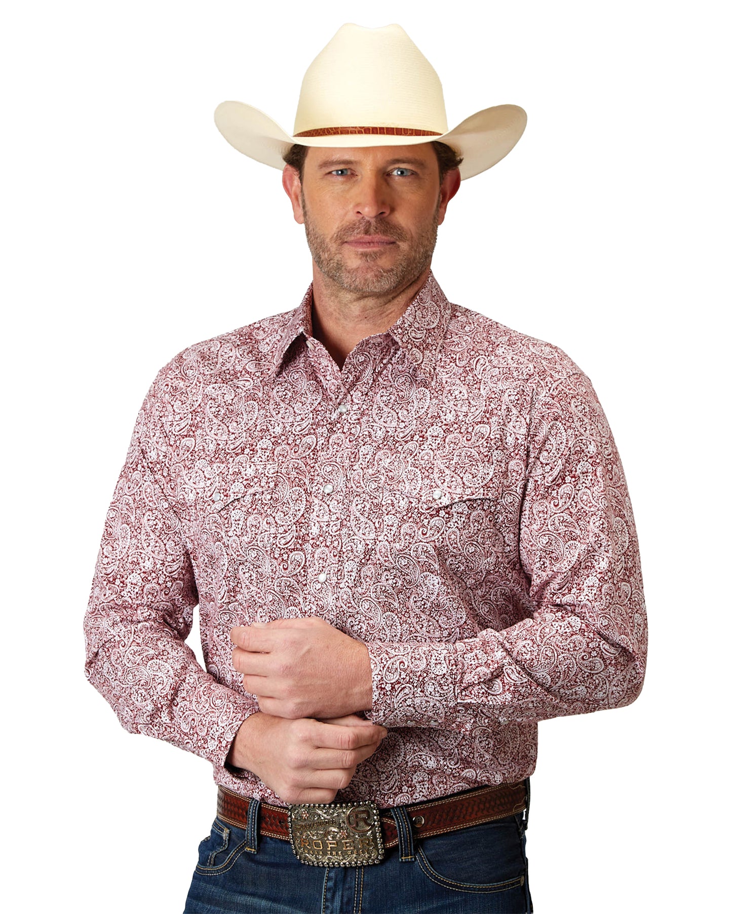 Mens Long Sleeve Snap Stretch Poplin Red Paisley Western Shirt - 03-001-0225-2109 Re by Roper from Skip’s Western Outfitters | KAR-03-001-0225-2109-RE-S-RED