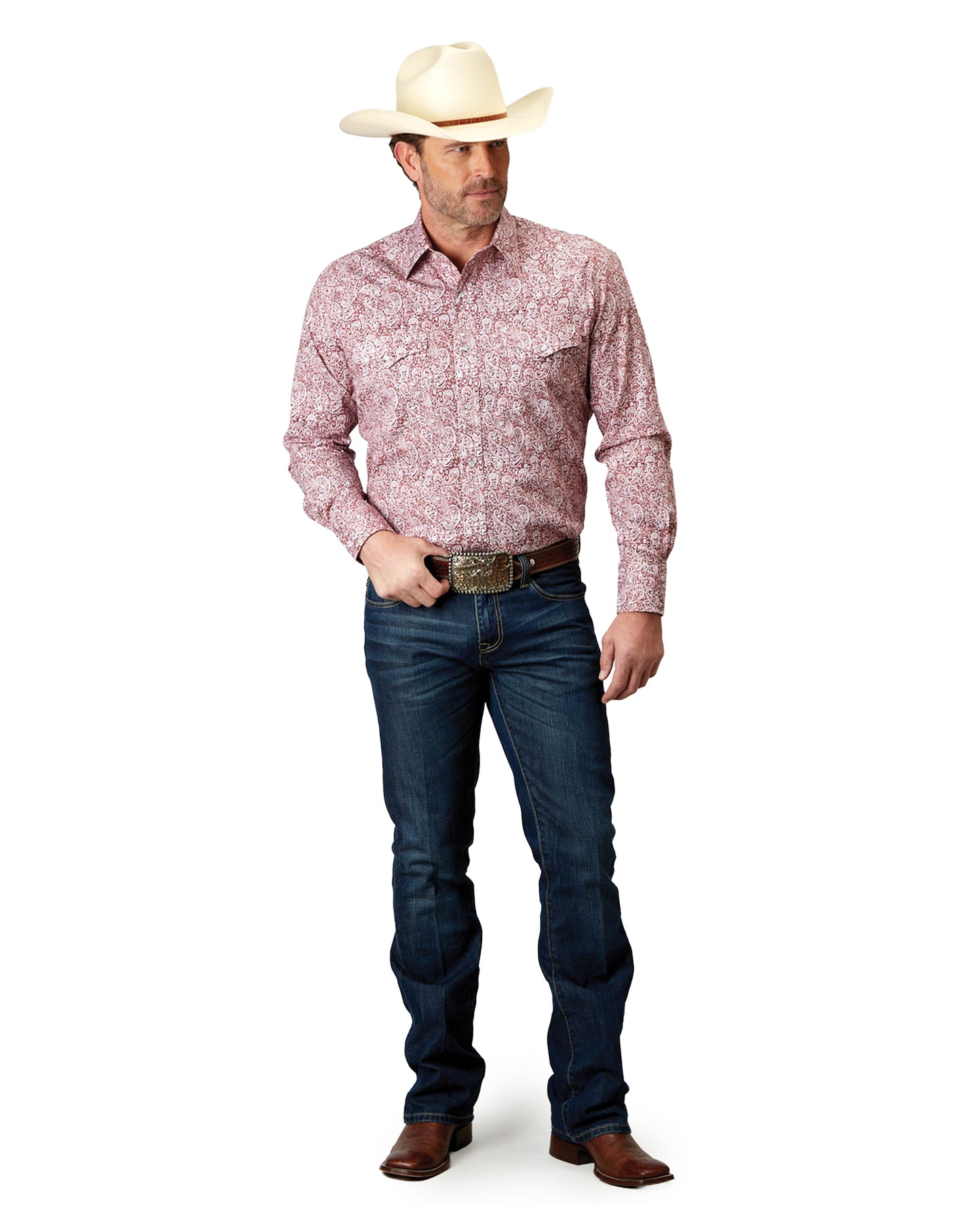 Mens Long Sleeve Snap Stretch Poplin Red Paisley Western Shirt - 03-001-0225-2109 Re