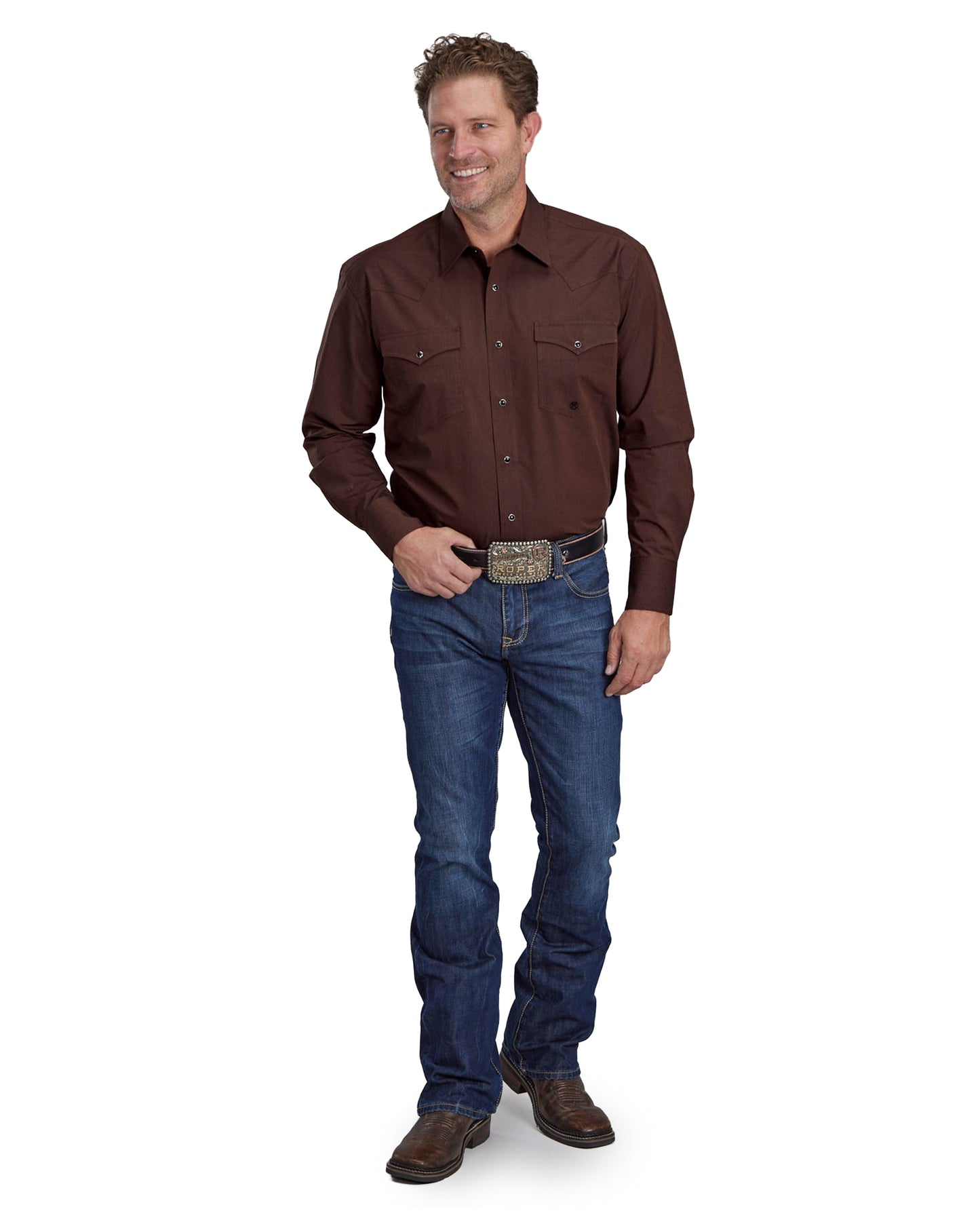 Mens Black Fill Poplin - Polin Brown Long Sleeve Snap Western Shirt - 03-001-0265-0734 Br