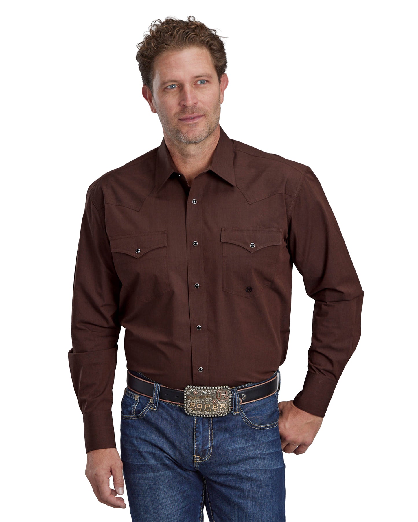 Mens Black Fill Poplin - Polin Brown Long Sleeve Snap Western Shirt - 03-001-0265-0734 Br by Roper from Skip’s Western Outfitters | KAR-03-001-0265-0734-BR-M-BROWN