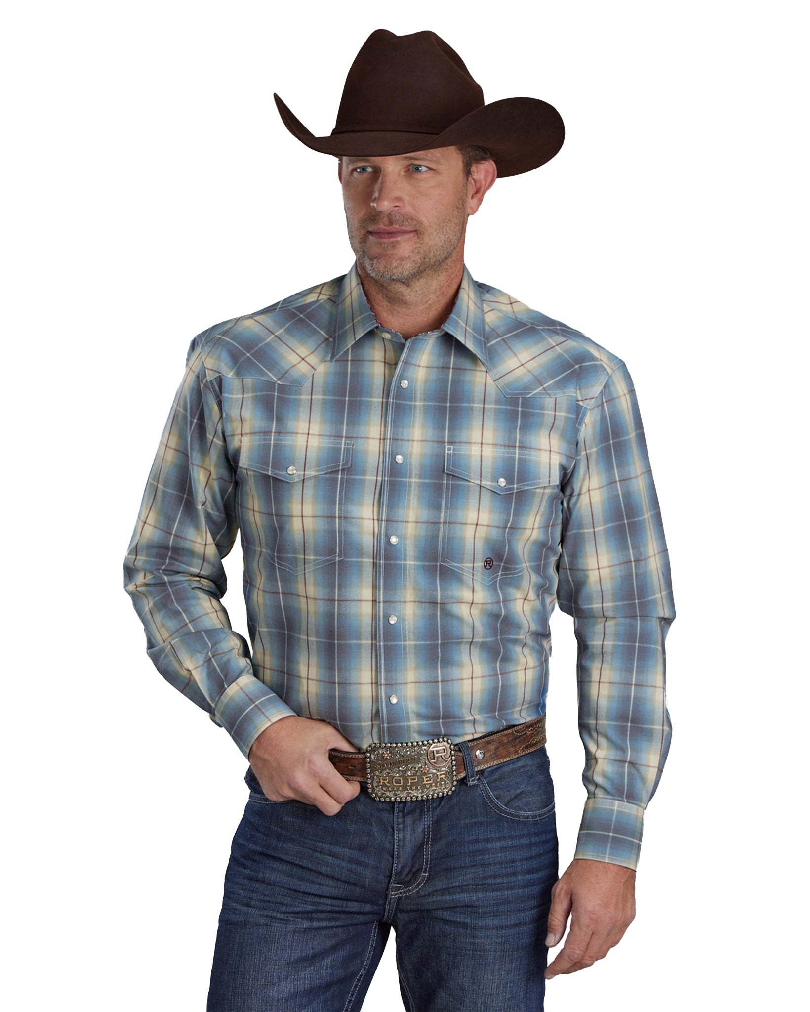 Mens Dungaree Plaid Long Sleeve Snap Western Shirt - 03-001-0278-7035 Bu by Roper from Skip’s Western Outfitters | KAR-03-001-0278-7035-BU-S-BLUE