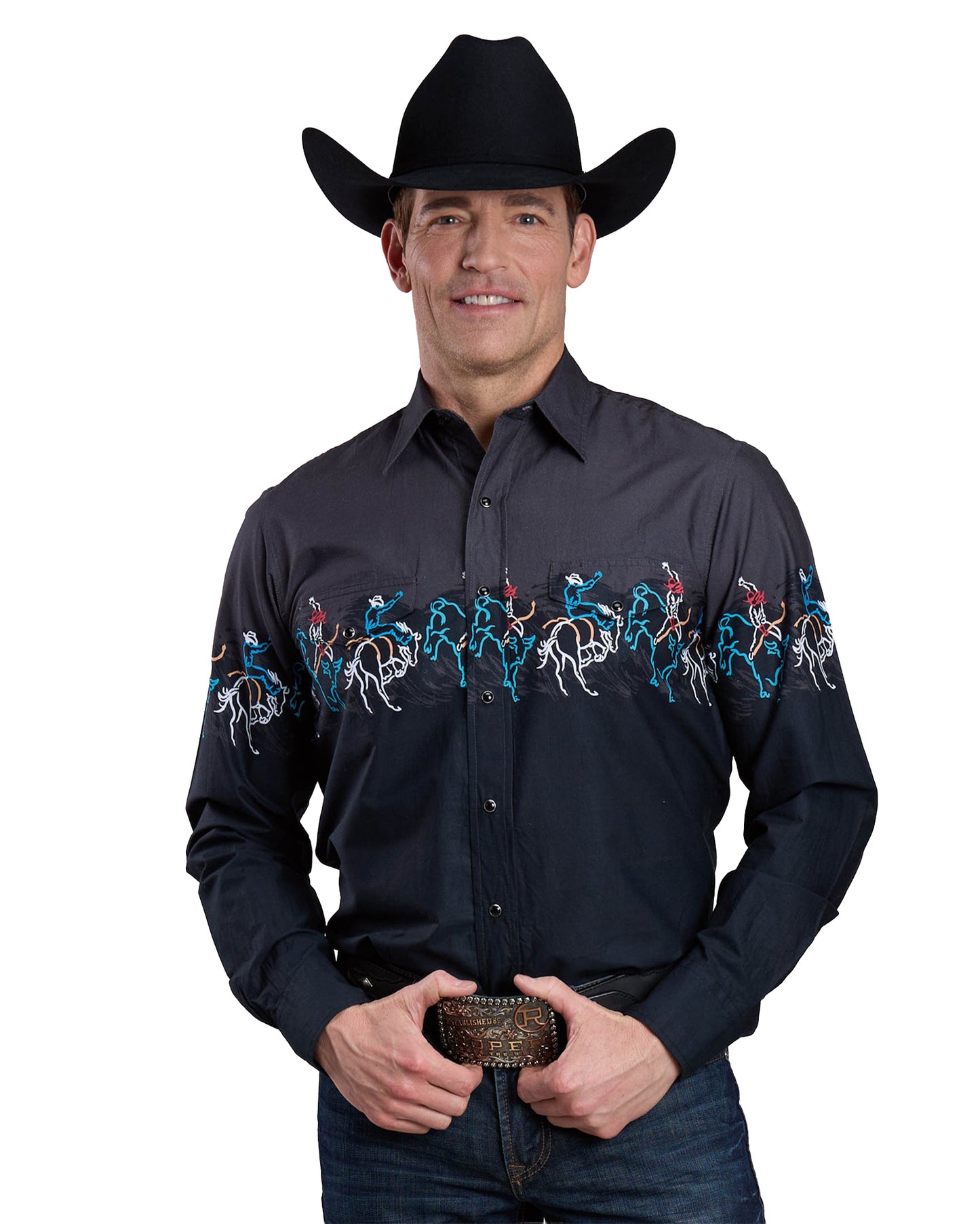 Mens Long Sleeve Snap Painterly Rodeo Border Scenic Print Western Shirt - 03-001-0421-0108 Bl by Roper from Skip’s Western Outfitters | KAR-03-001-0421-0108-BL-S-BLACK
