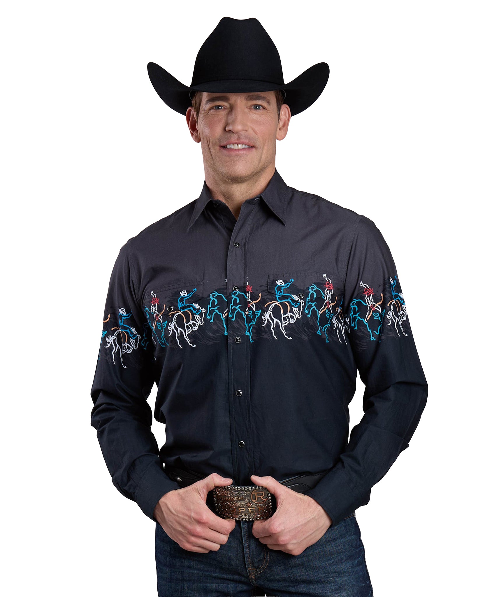 Mens Long Sleeve Snap Painterly Rodeo Border Scenic Print Western Shirt - 03-001-0421-0108 Bl by Roper from Skip’s Western Outfitters | KAR-03-001-0421-0108-BL-S-BLACK