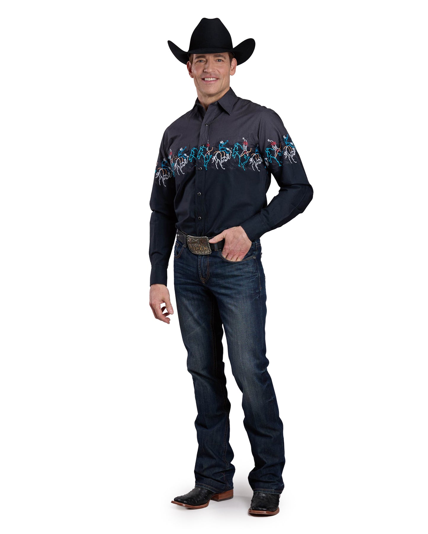 Mens Long Sleeve Snap Painterly Rodeo Border Scenic Print Western Shirt - 03-001-0421-0108 Bl