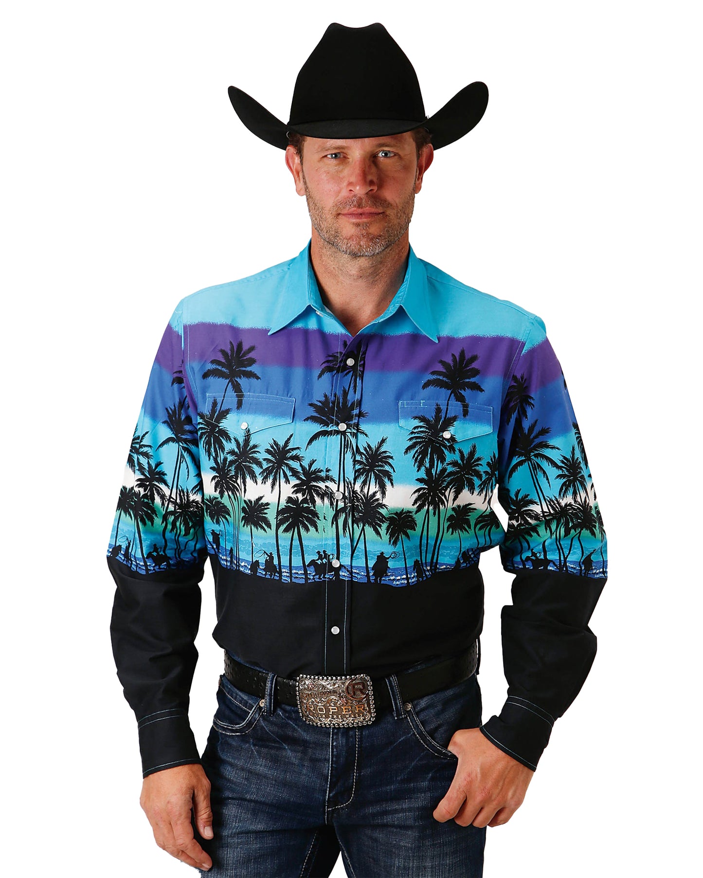 Men's Long Sleeve Beach Roundup Border Western Shirt by Roper from Skip’s Western Outfitters | KAR-03-001-0421-0306-BU-S-BLUE